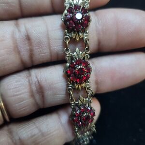 Kenny Ma San Francisco Red Rhinestone Antiqued Brass Floral Link Bracelet